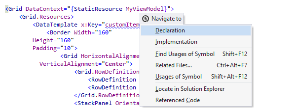 Навигация от символа в коде XAML