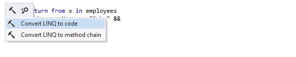 Преобразование LINQ в код с помощью контекстного действия ReSharper