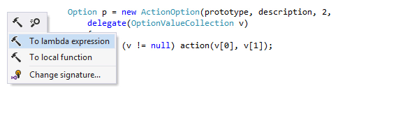 Conversion d'une méthode anonyme en expression lambda, et inversement, avec une action contextuelle ReSharper