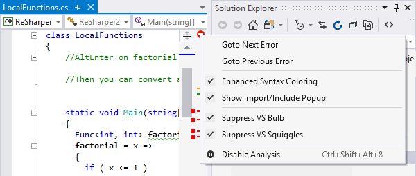 Visual Studio의 마커 표시줄에서 확인할 수 있는 ReSharper의 코드 검사