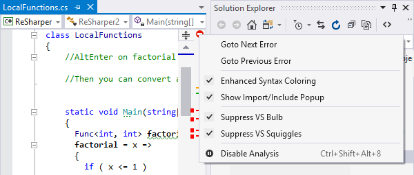 エラーチェックによるコード解析 コード注釈 機能 Resharper