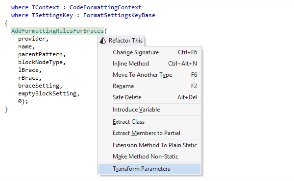 Refactorización Transform Parameters (Transformar parámetros) en ReSharper