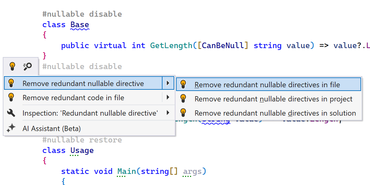 Inspections pour les directives #nullable et annotations NRT