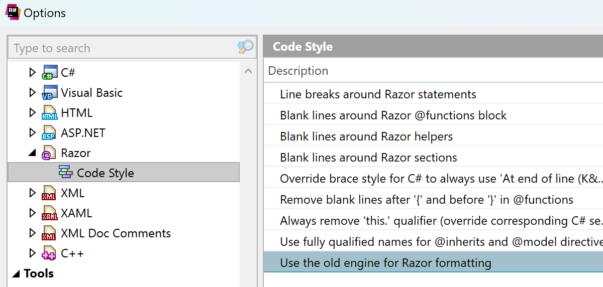 Novo mecanismo de formatação de código para o Razor