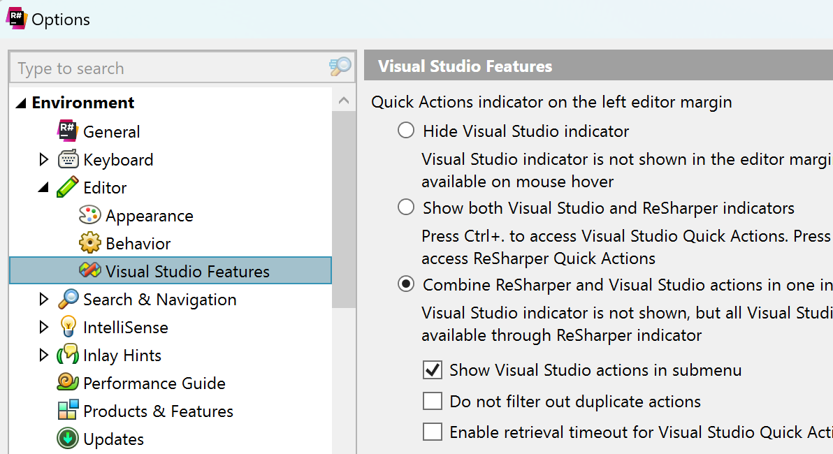 Integração reformulada entre as ações rápidas do ReSharper e do Visual Studio