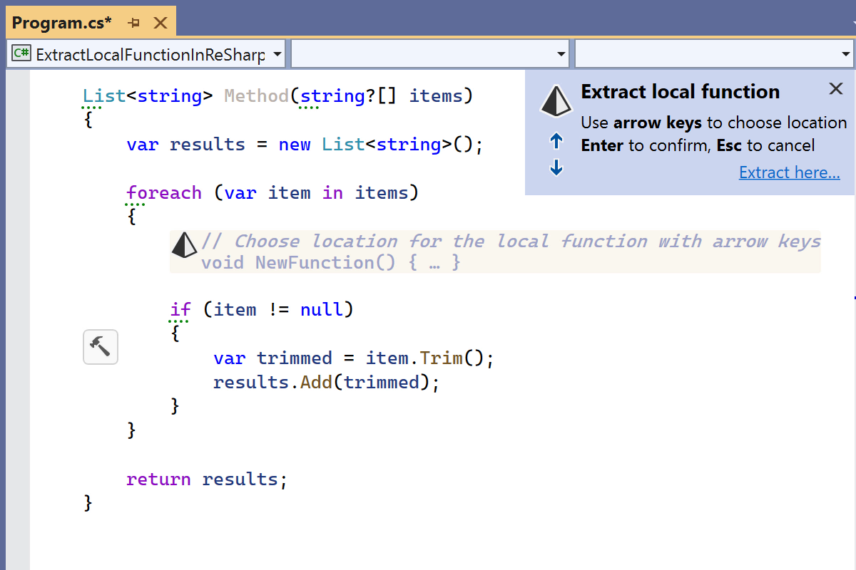 Experiencia de usuario renovada para la refactorización Extract local function