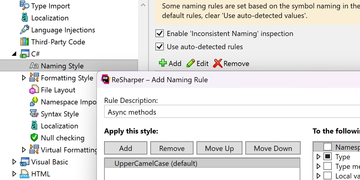Interface/expérience utilisateur améliorée pour les règles de nommage personnalisées