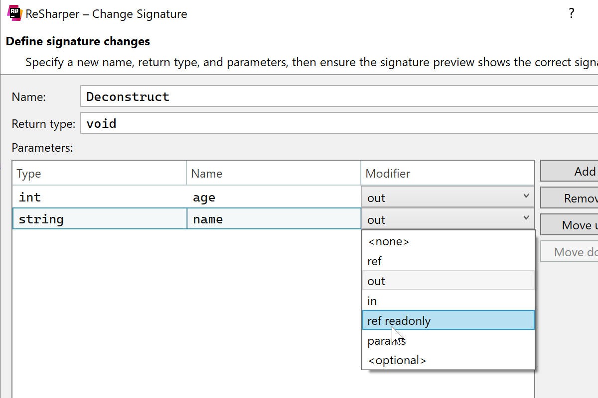 Actualizaciones de la refactorización Change Signature