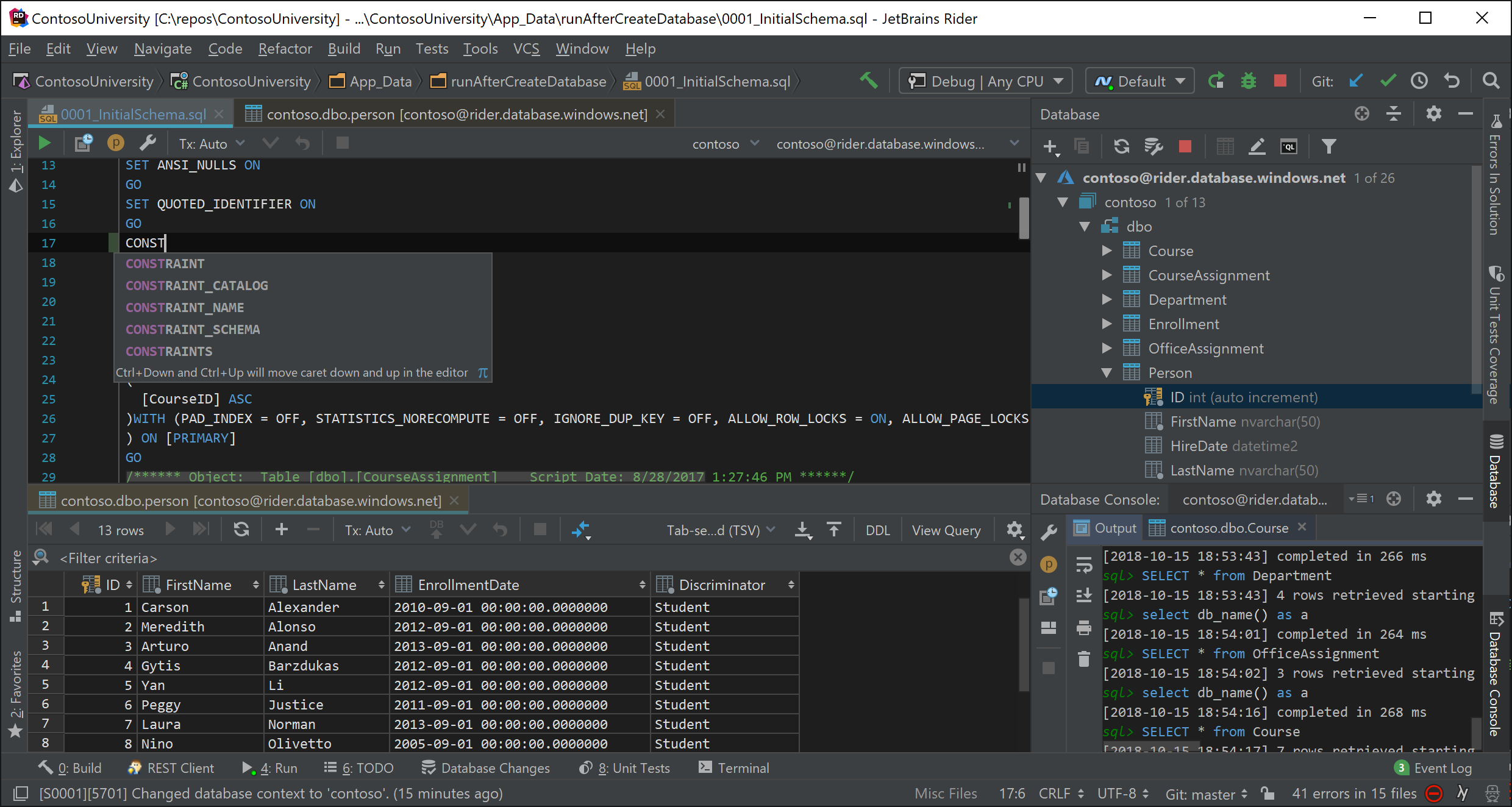 SQL support and database connections in Rider