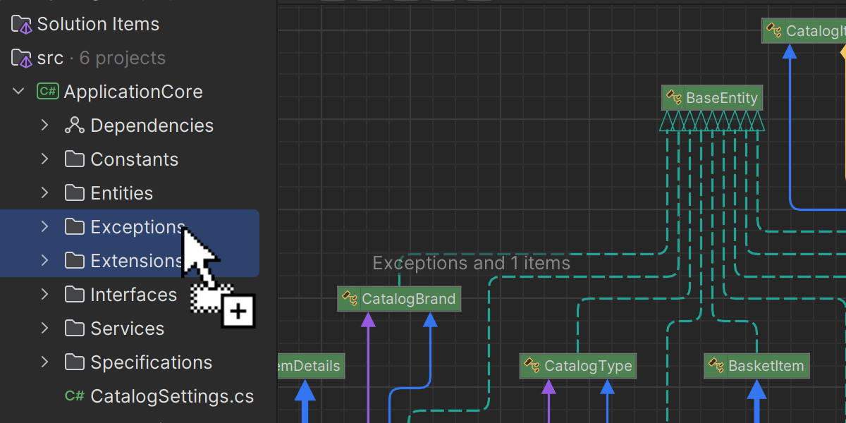 Opção de arrastar e soltar arquivos de projeto no diagrama Type dependency