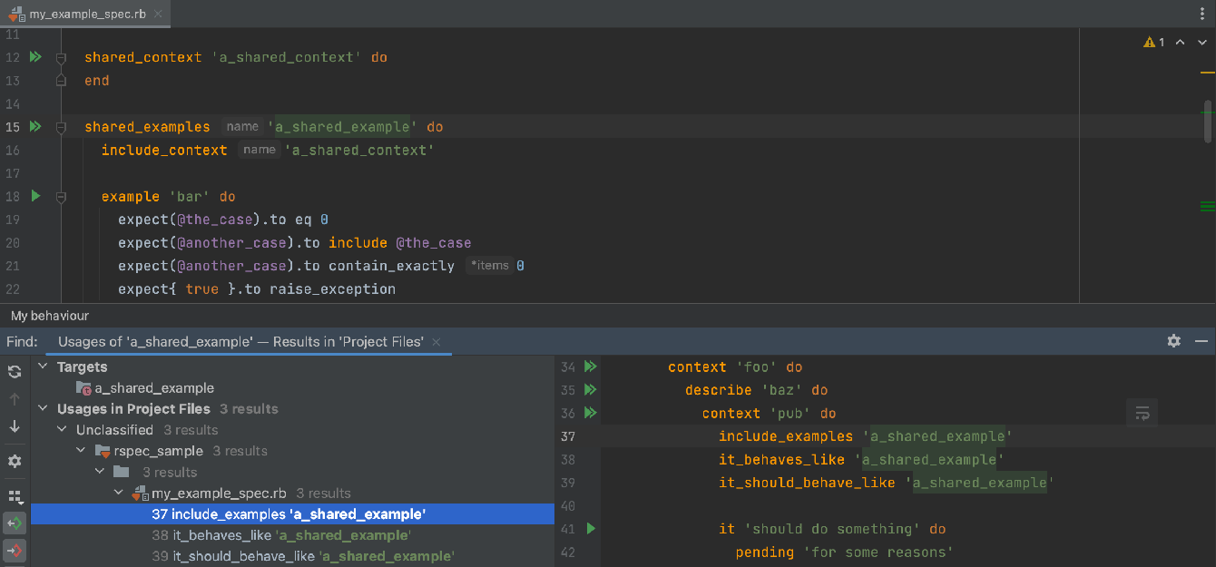 RSpec의 공유 컨텍스트 및 예시에 Find Usages(사용 위치 찾기) 및 Rename(이름 변경) 지원