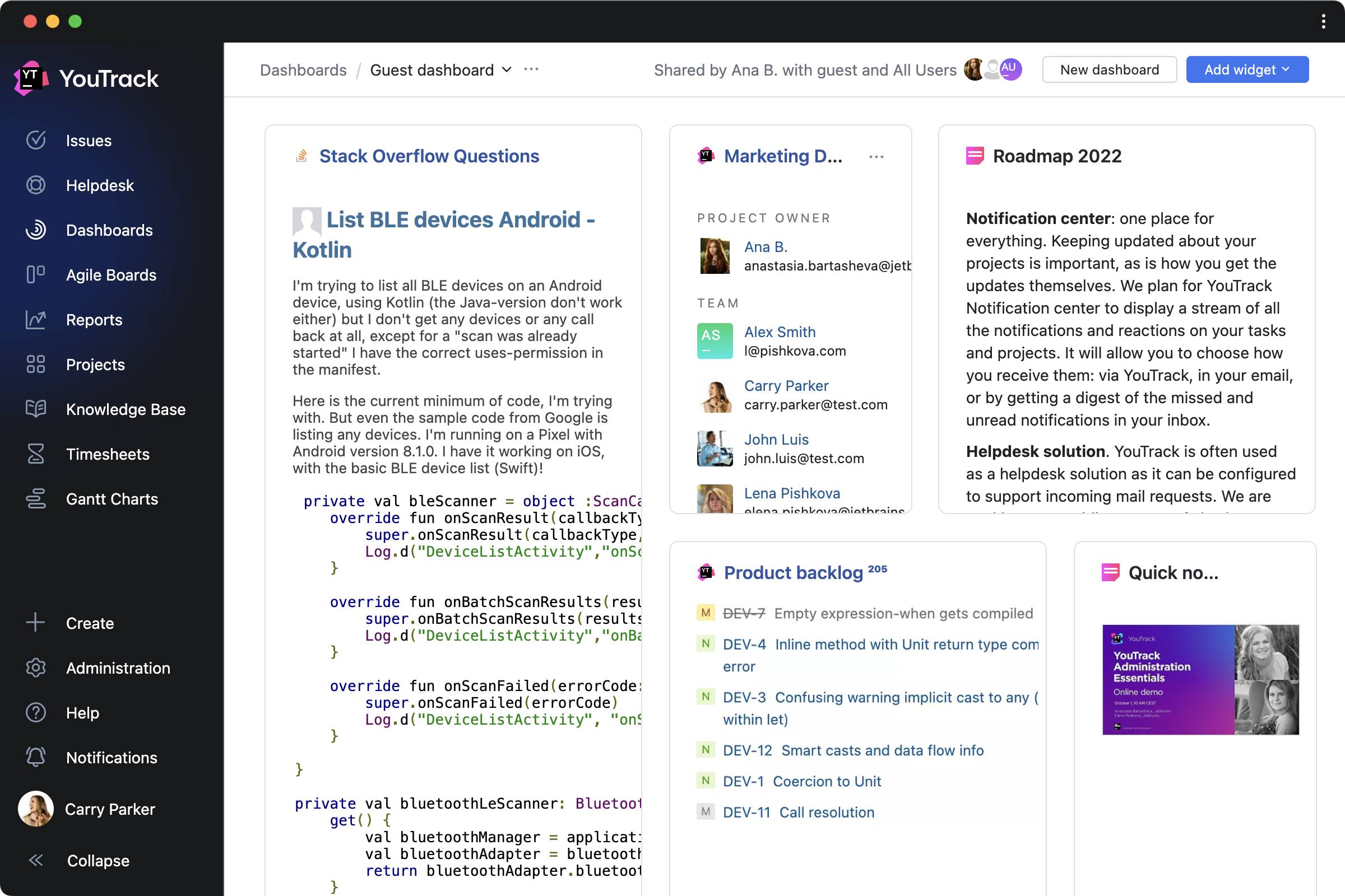 Guest dashboard